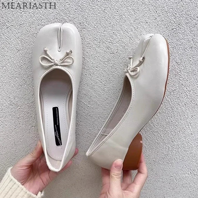 Tabi Shoes Ballet Falts Leather Ballerina Shoes For Women Split Toe Flats Tabi Shoes Slip On Soft Bottom Moccasins with Bowress