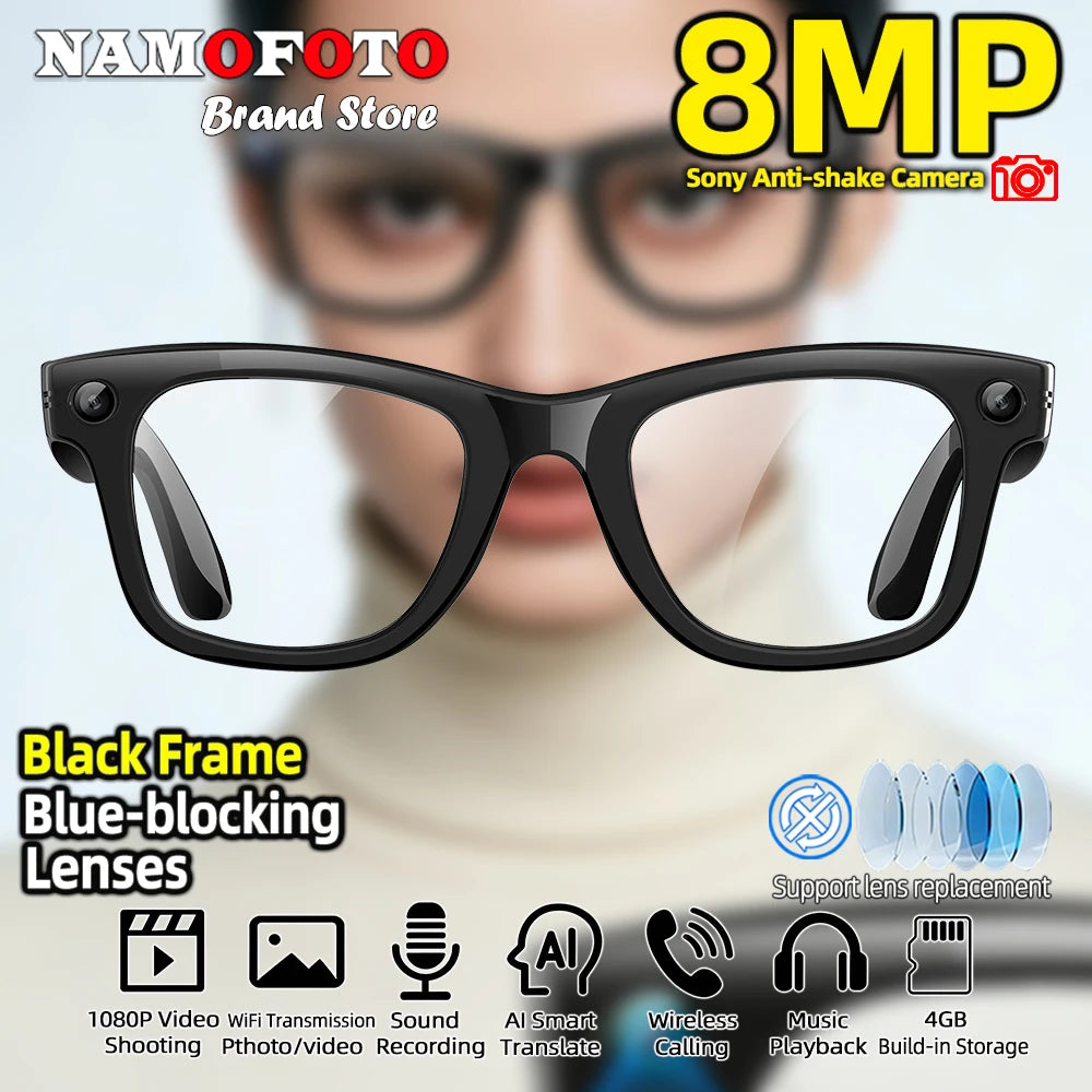 2026 New AI Smart Glasses with 8MP Camera 1080P Video Record 4GB Men Women SI Real-time Translation BT Call Music Play Lenses