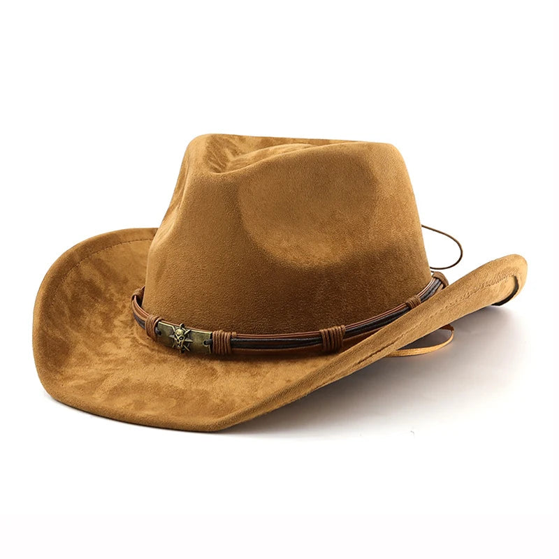 Suede Western Cowboy Hat For Men Women Vintage Rolled Brim Felt Jazz Hats Outdoor Travel Knight Hats