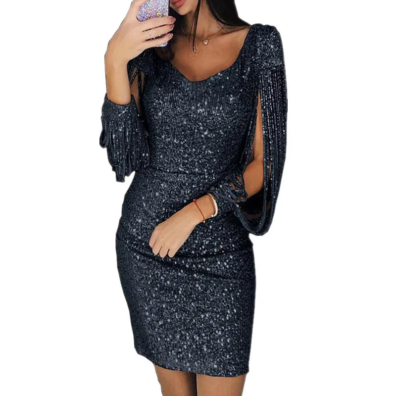 Elegant Women's Midi Dresses 2025 Spring Autumn Shiny Tassel Long Sleeve Dress Vestido De Fiesta Party Dresses Sexy Vestidos