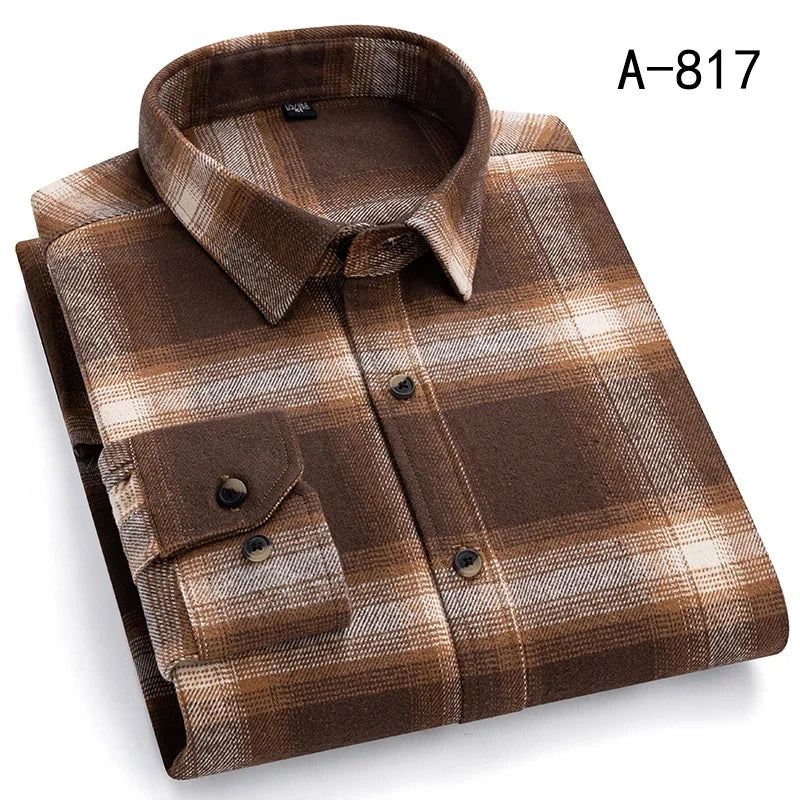 New Spring Fashion Flannel Long Sleeve Shirts For Men Plaid Plus Size Cotton Warm Soft Clothing Business Chic Smart Dress Shirts