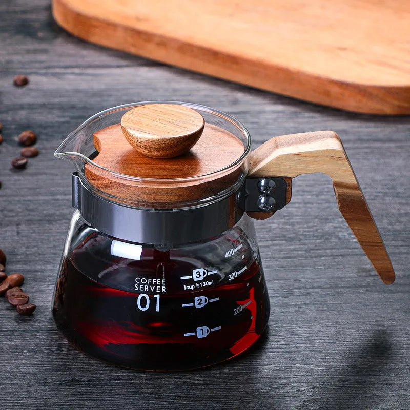 400/600ML Glass Pouring Cup Coffee Server with Wooden Handle High Borosilicate Glass Hand Brewed Coffee Sharing Pot