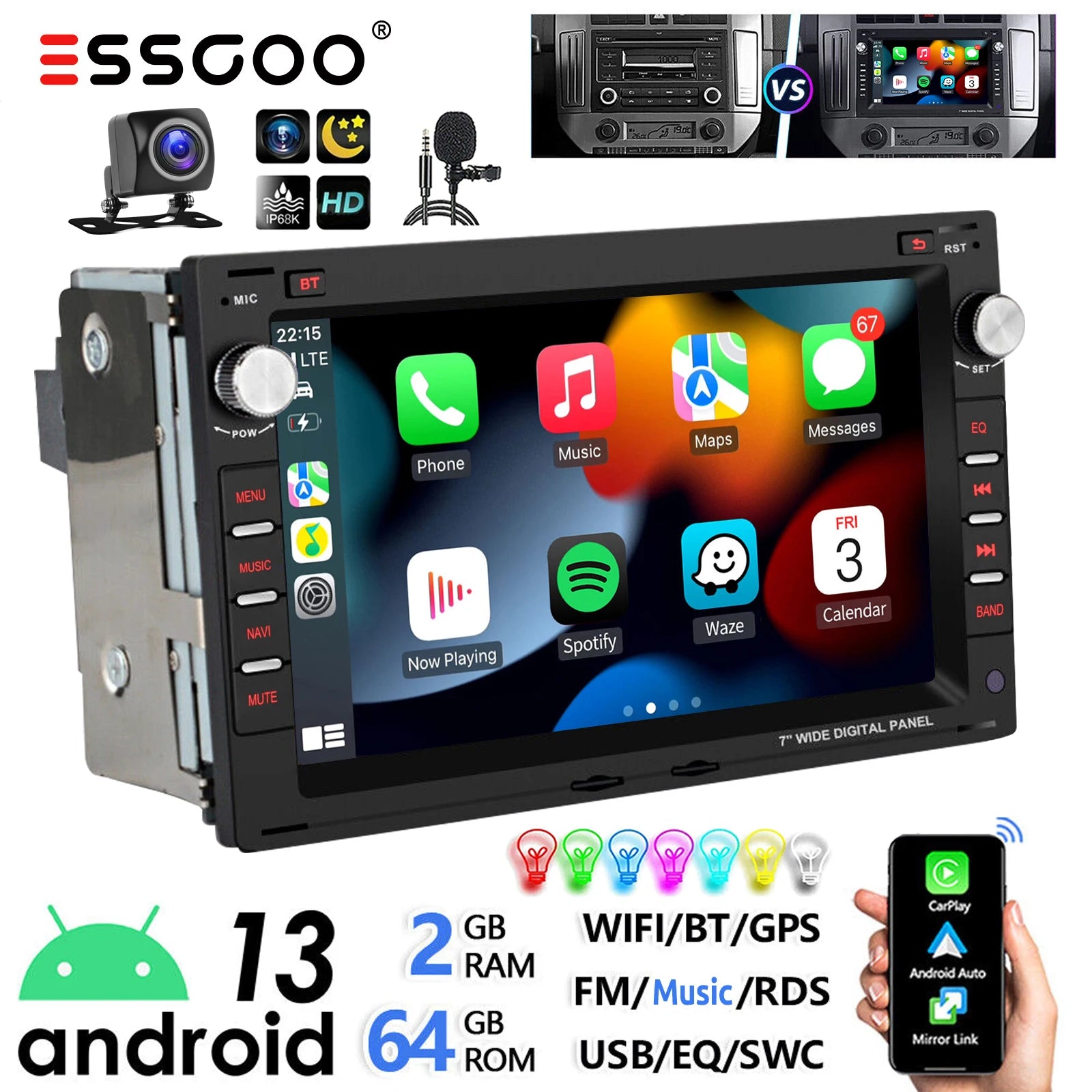ESSGOO 7" Android 14 2+64G Wireless Apple Carplay Autoradio Für VW Polo 9N Golf 4 Passat B5 T5 GPS NAVI RDS Wifi Bluetooth FM EQ