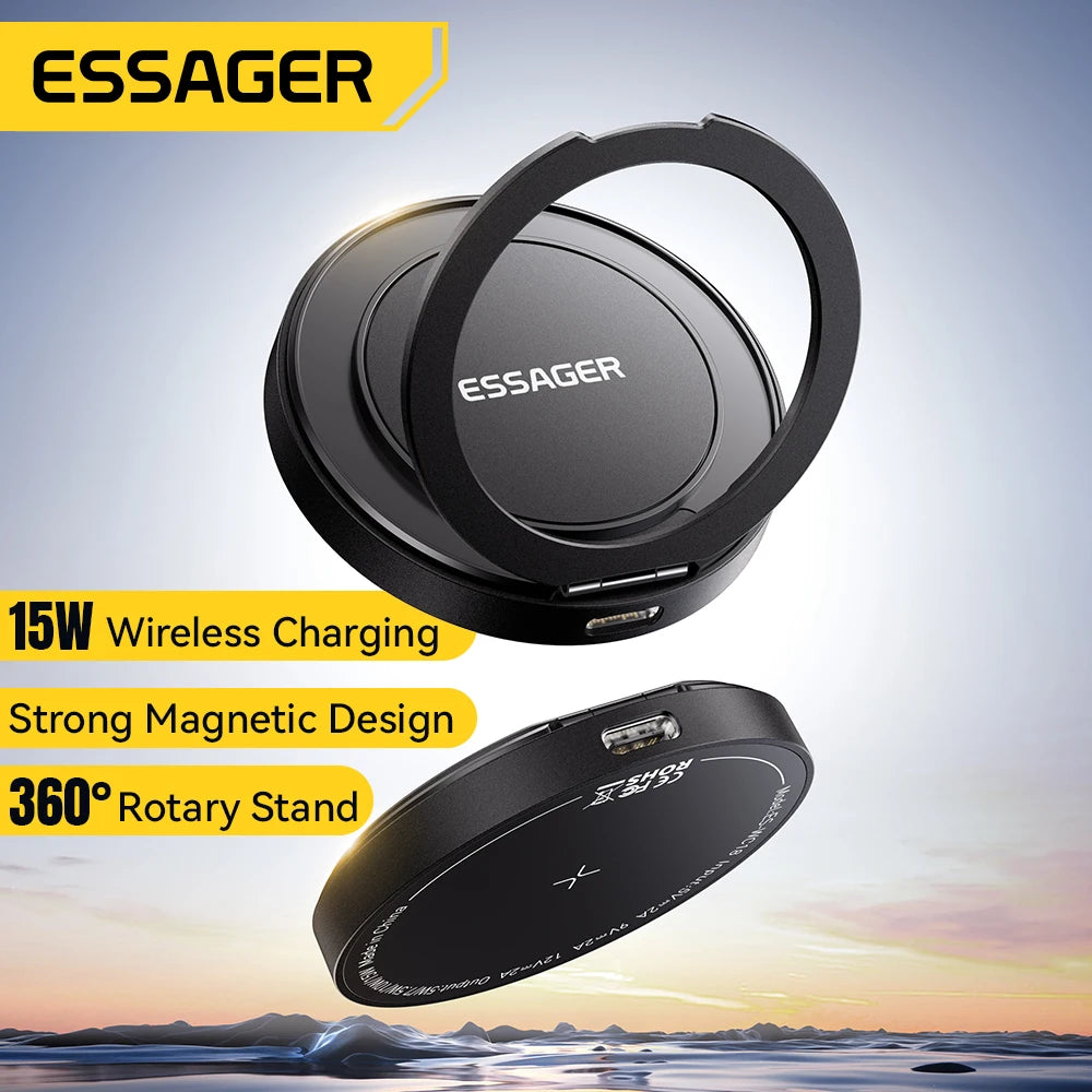 Essager Magnetic Wireless Charger With Holder 15W Fast Charging For iPhone17 16 15 14Pro Max Airpods Mini Wireless Phone Charger - Free Item Weekend (50% off).