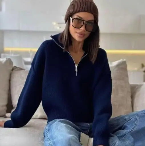 Half Zip Sweater Women's Autumn and Winter New Loose Fitting Pullover Solid Color Lapel Knitted Sweater Top