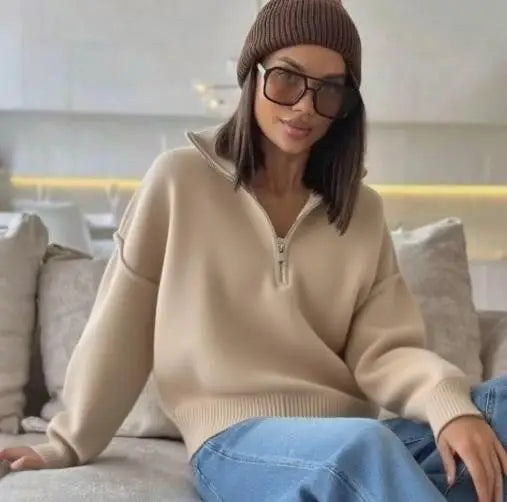 Half Zip Sweater Women's Autumn and Winter New Loose Fitting Pullover Solid Color Lapel Knitted Sweater Top