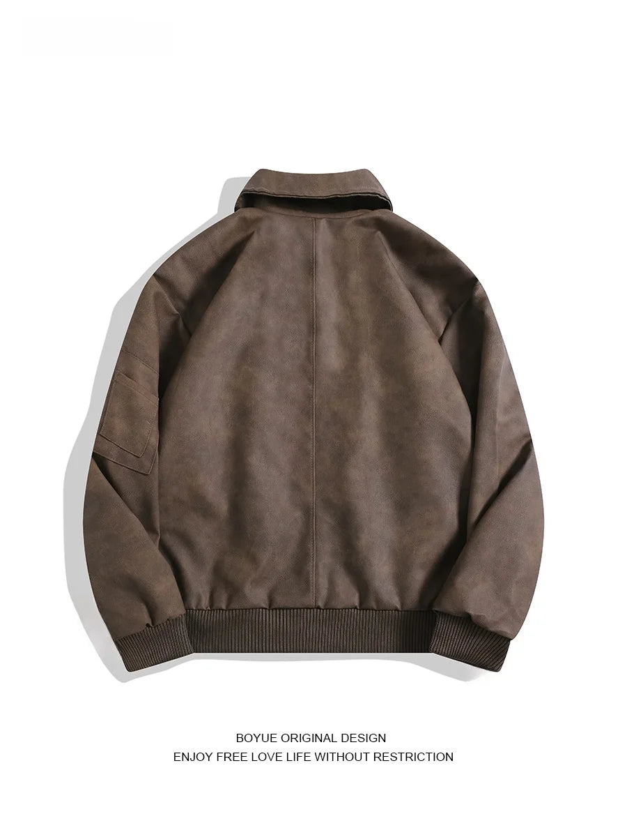 Boyue American Retro adient Leather Jaet Zipper Design Biker Jaet Cool Men's Jaet Loose Fit Long Sve Pure Color