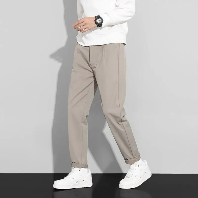 Men's Khaki Casual Trousers Slim Fit Tapered Leg Business Daily Pants