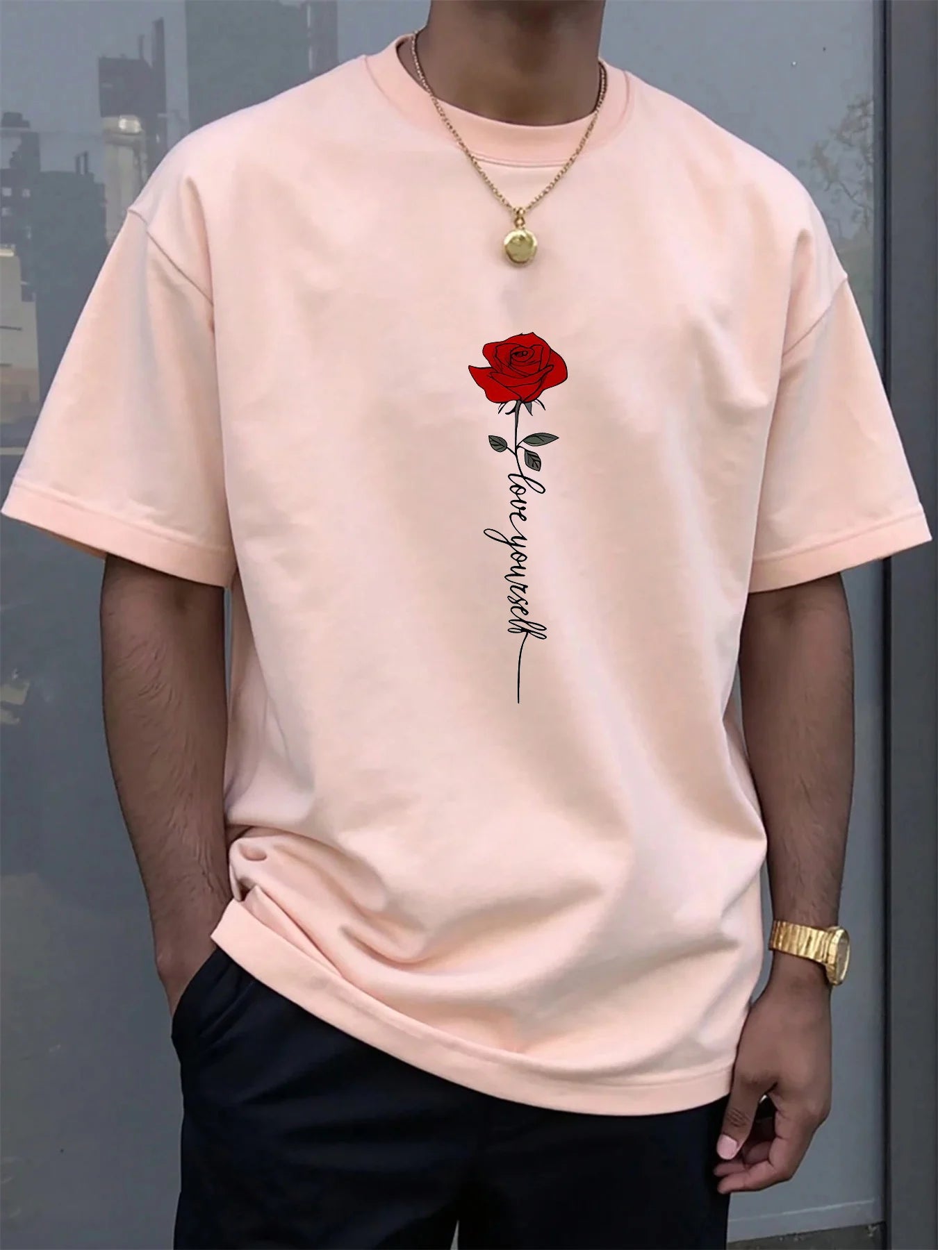 Men's summer 100 cotton fashionable casual sports loose red rose pattern printed round neck short sleeved T-shirt top