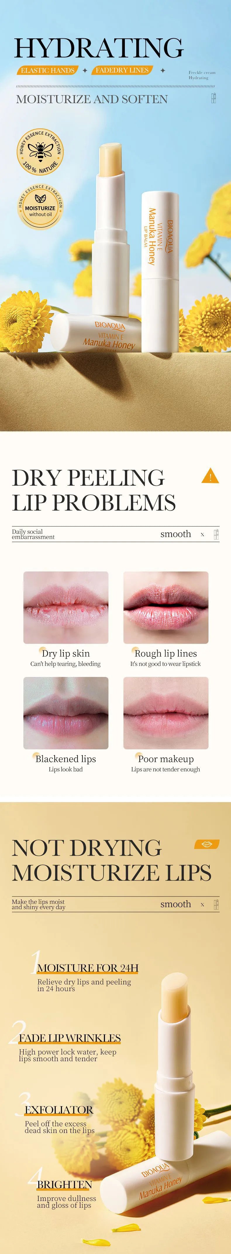 BIOAQUA Vitamin E Honey Lip Balm Moisturizing Anti Cracking Nourishing Nourishing Lipstick Lips Skin Care Products