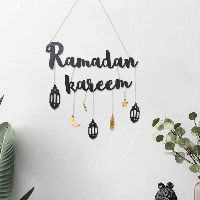 Ramadan Kareem Hanging Wooden Sign Islamic Holy Month Decor with Moon Star Lantern Pendants for Eid Wood Craft Home Decoration