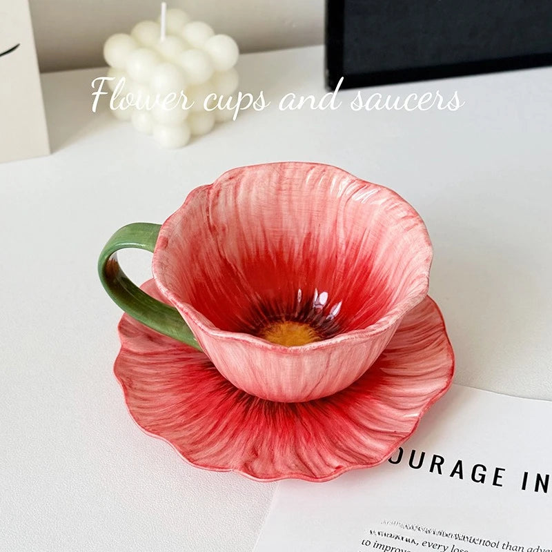 350Ml Ceramic Flower Coffee Cup Design Sense Niche Women High Value Latte Cups Beautiful  Saucer Set  Tea Cup Set Coffee Mug