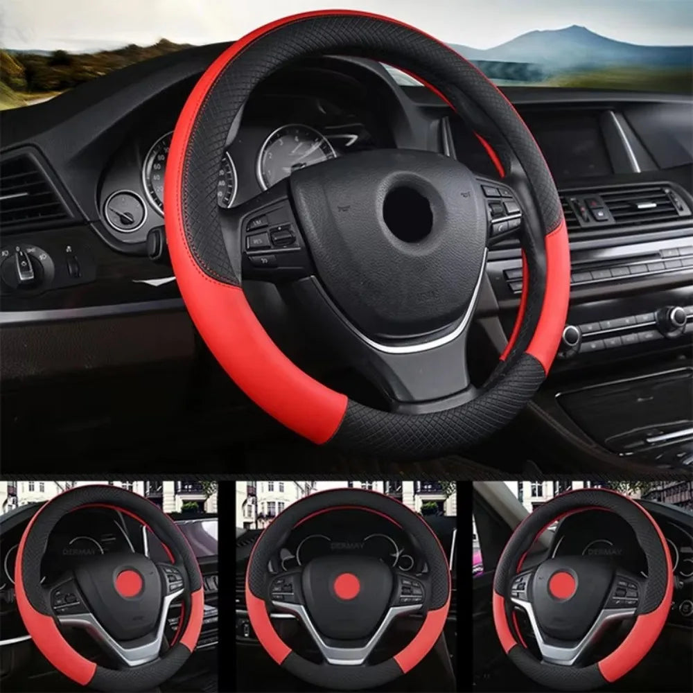 38cm Steering Wheel Cover PU Leather Anti Slip Steer Wheel Protector Fiber Braid Breathable Steering Cover