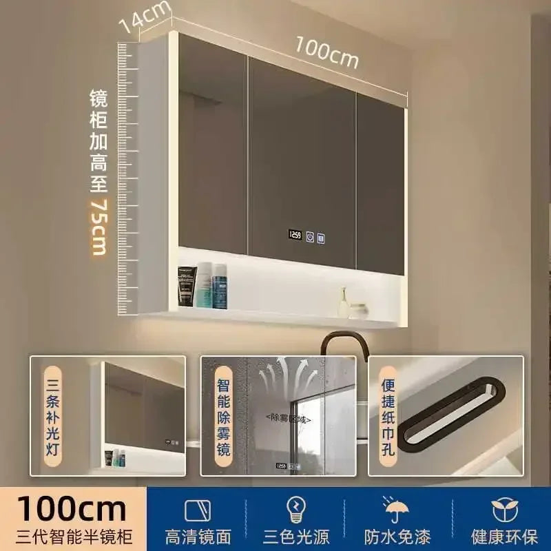 Smart Bathroom Cabinets Makeup Mirror Storage Cabinet LED Light Wall Mirror Cabinet with Time Digital Display Bathroom Furniture