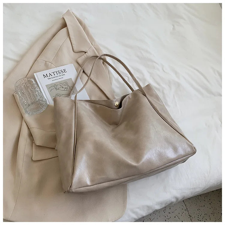 Tote Women's Bag Korean Style Large Capacity Soft Leather Shoulder Bag Retro Casual Hand-held Bucket Bag 2025 Одноплечевая сумка
