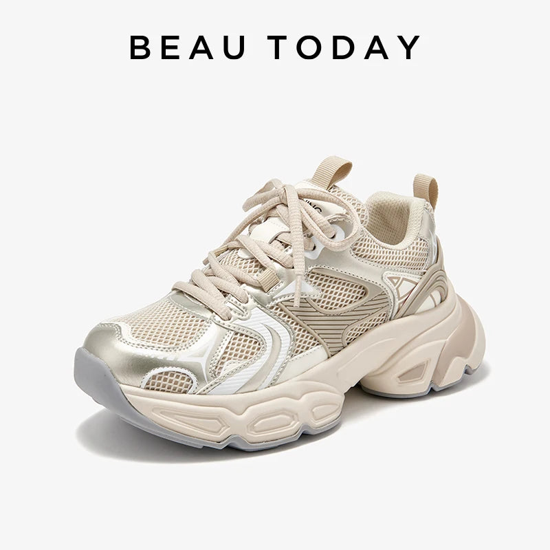 BEAUTODAY Sneakers  Women Mesh Solid Color Patchwork Thick Sole Lace-up 2024 Spring Female Leisure Shoes Handmade 29465