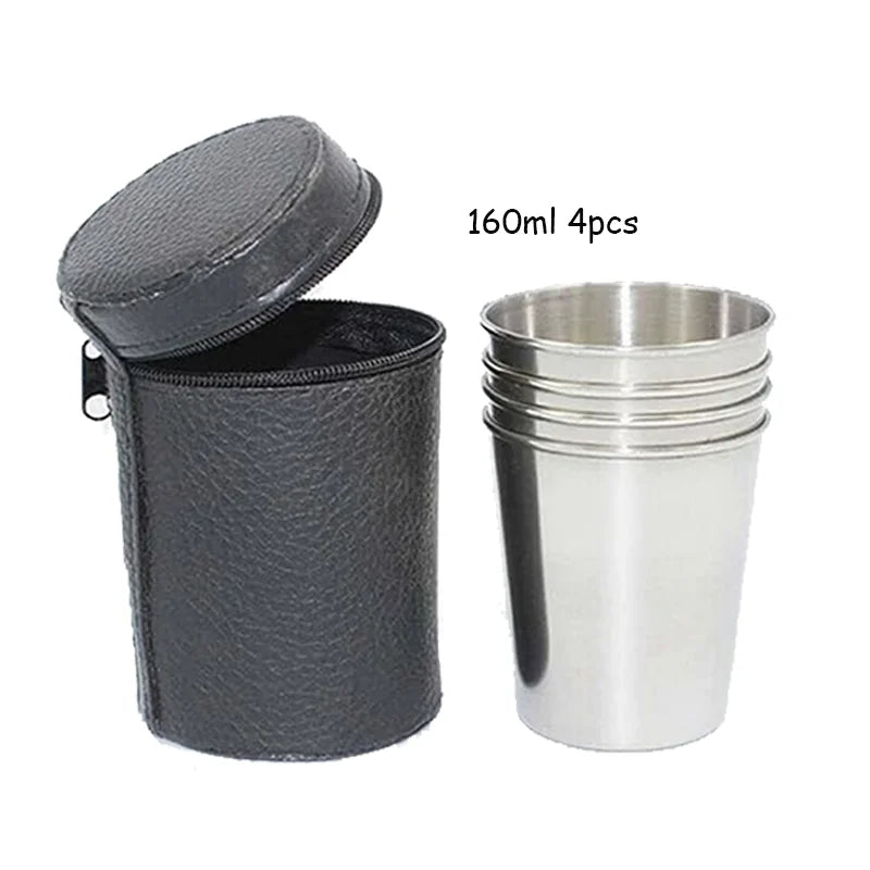 Outdoor camping -4-piece set of stainless steel mini whiskey glasses, portable black leather bag, 30ml/70ml/160ml