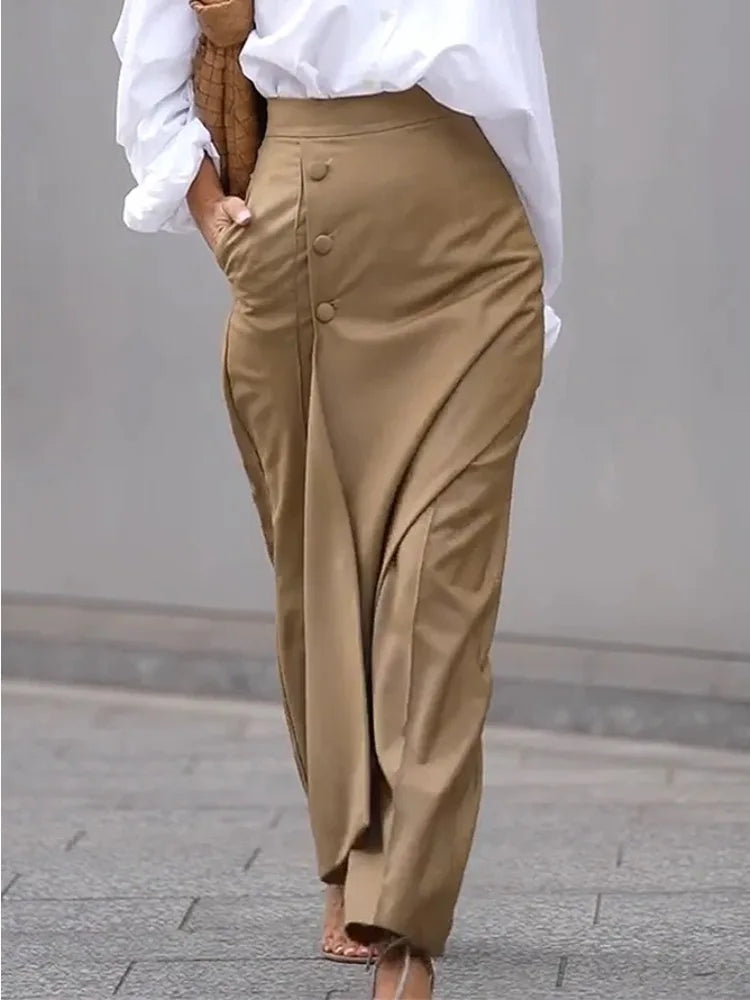 Women's Khaki High Waist Pants Trendy Office Lady Wide-leg Trousers with Pockets Workwear Casual Bottoms Woman Clothes 114559