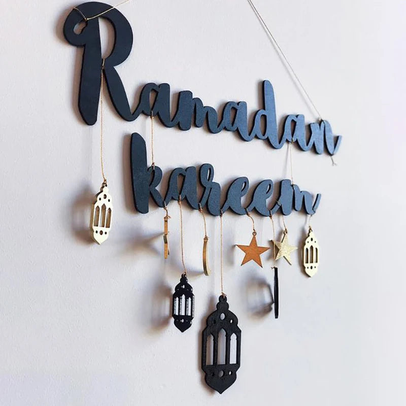 Ramadan Kareem Hanging Wooden Sign Islamic Holy Month Decor with Moon Star Lantern Pendants for Eid Wood Craft Home Decoration
