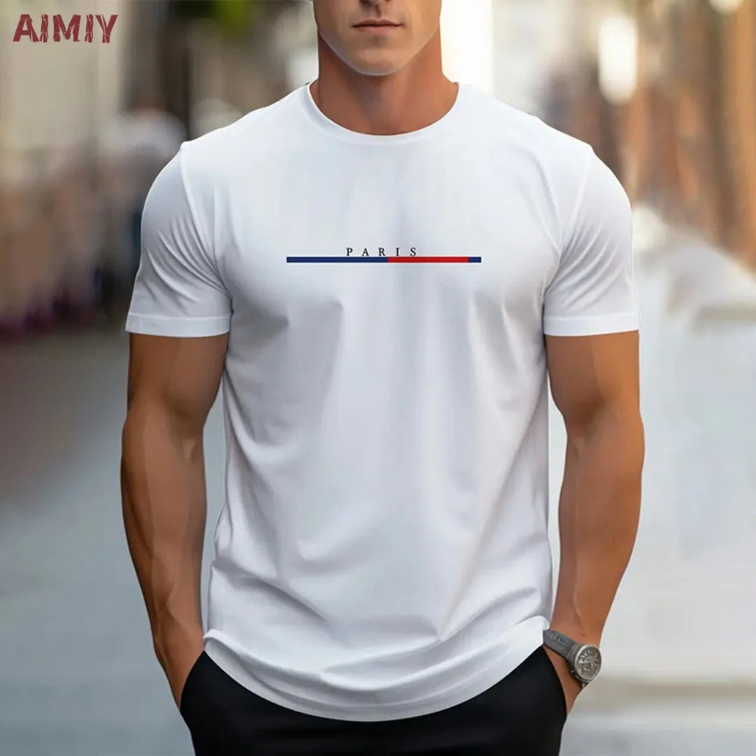Summer Men's T-shirt Top Casual Loose Fit Oversized T-shirt PARI Letter Pattern Printed Round Neck Short Sleeved Homme Vêtement - Free Item.