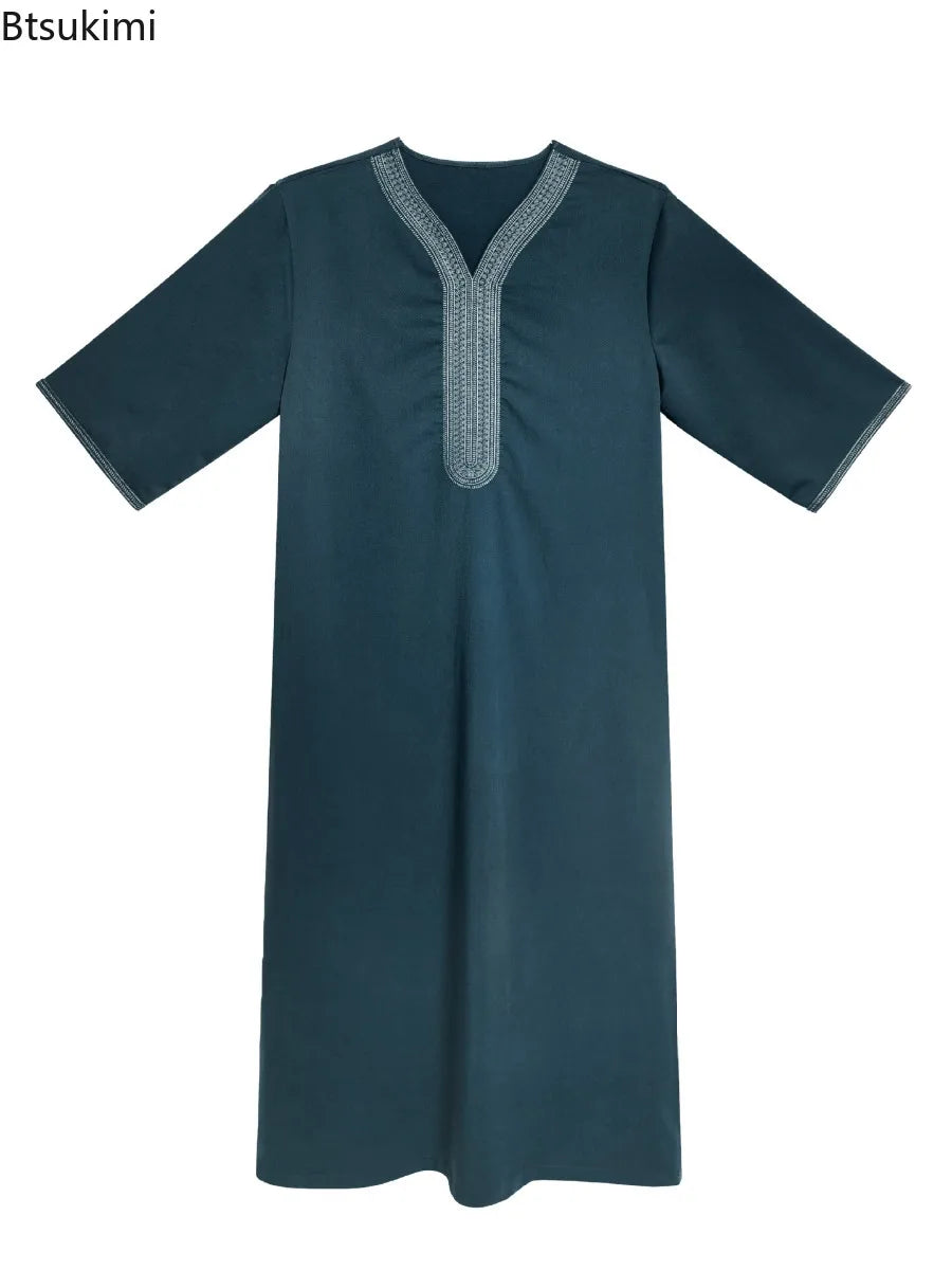 2026 Summer Kaftan Men's Muslim Fashion Abayas Short Sleeve Embroidered Loose Casual Robe Breathable Ethnic Style Moroccan Thobe