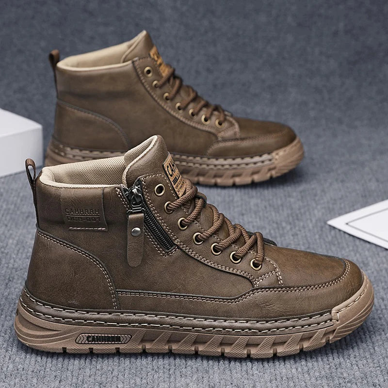 Mens High Top Leather Ankle Boots Comfortable Motorcycle Boots Non Slip Walking Training Shoes Botas Outdoor Treking Footwear