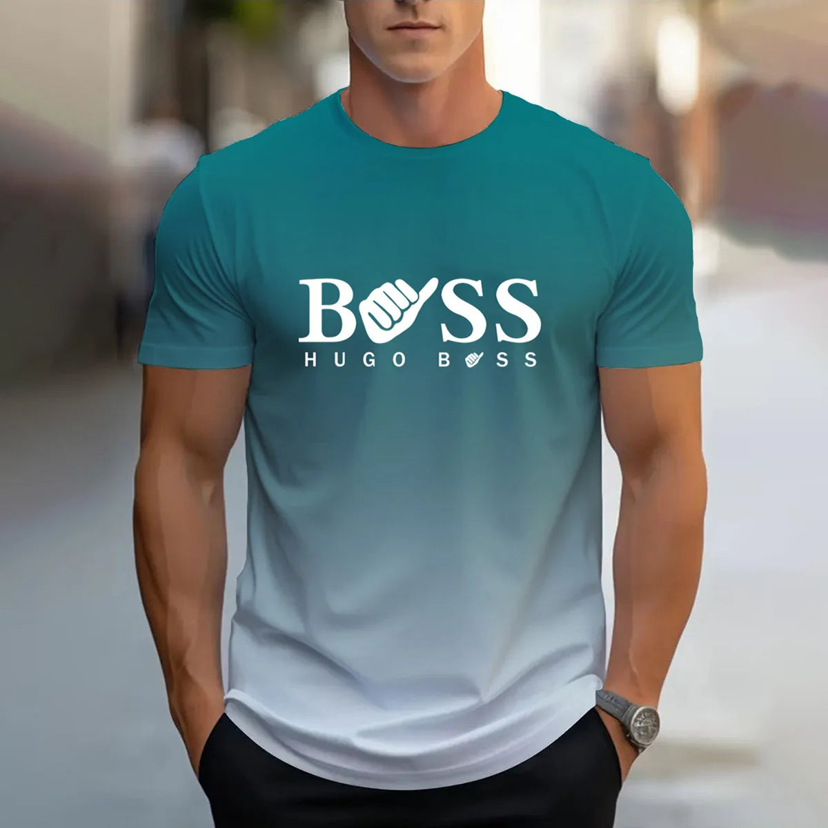 men's summer clothing casual gradient color short sleeved digital letter printed casual versatile round neck T-shirt top for men