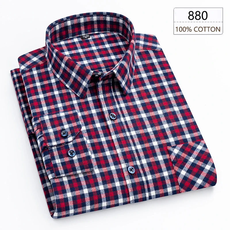 New Spring Long Sleeve Plaid Shirts For Men 100% Cotton Flannel Plus Size Easy care Confortable Top Casual Smart Dress Shirts