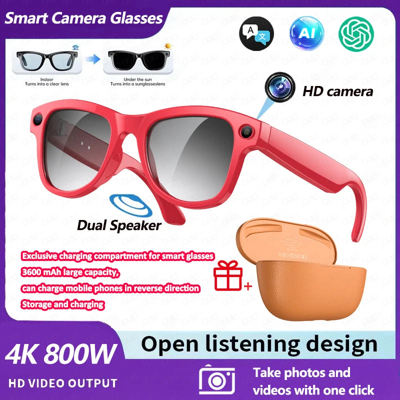 AI Smart Glasses 800W Pixel Camera Translation AI Voice Anti-Shake Video Record Dual Speaker Charging Case BT Call Smart Glasses