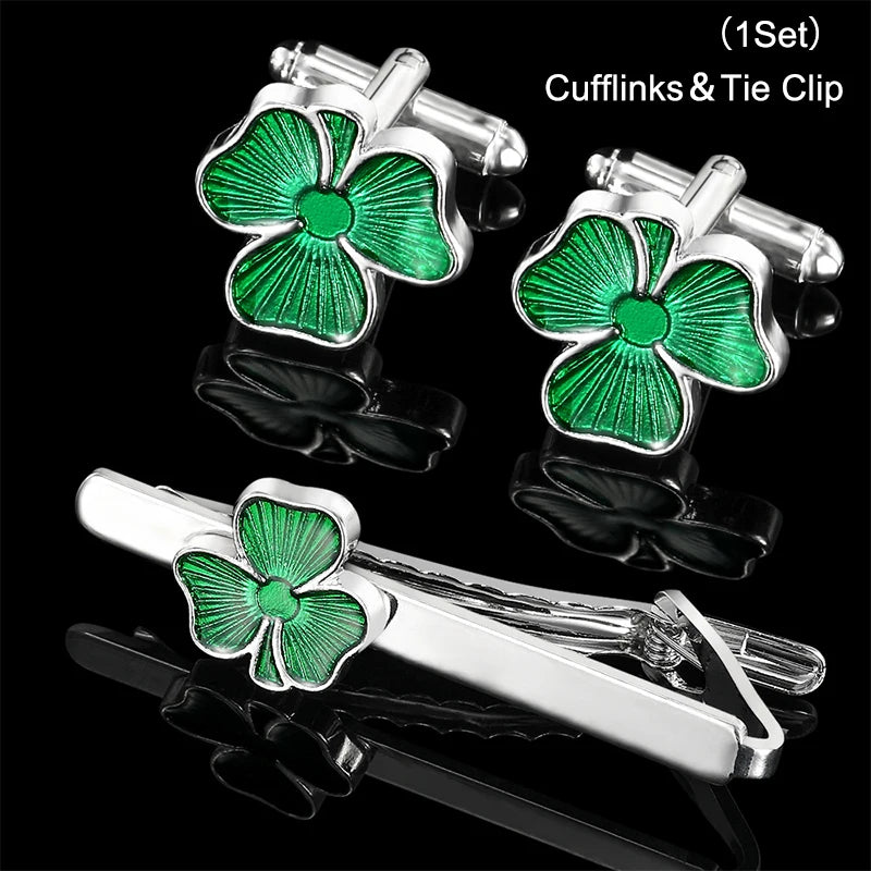 Fashion Enamel Four Leaf Clover Tie Clip Cufflinks Collar Studs Cuff Links Set Women Men Business Shirt Tie Jewelry Accessories