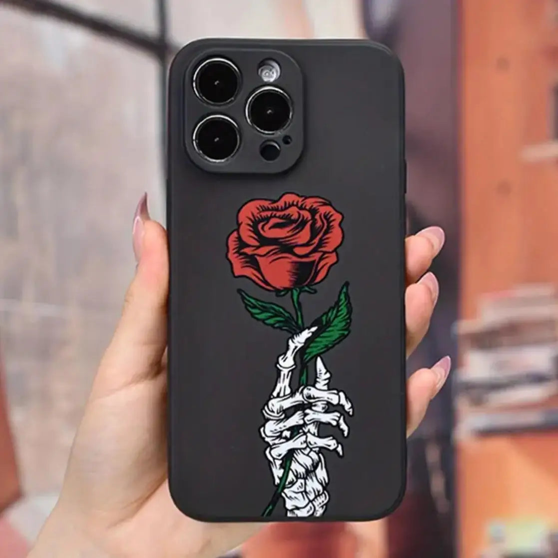 for IPhone 16 Pro Max 15 Pro 14Plus 13 12 Rose & Skeleton Pattern Phone Case Wear-resistant Anti-fall Decorative Compatible with