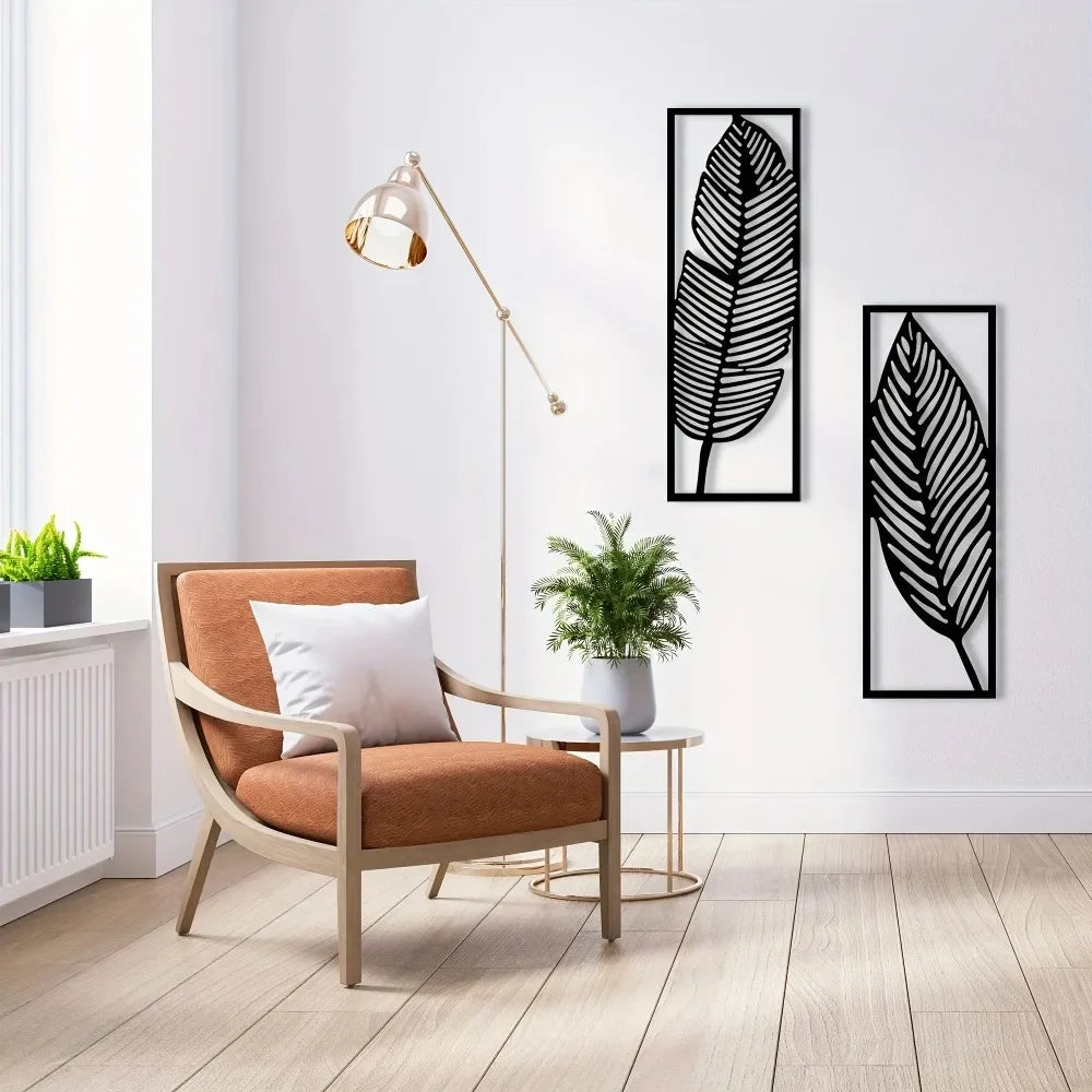 Decorative Leaves Metal Wall Art: Set of 2 for Home Wall Decor Black Metal Hanging Leaves Elegant Iron Art