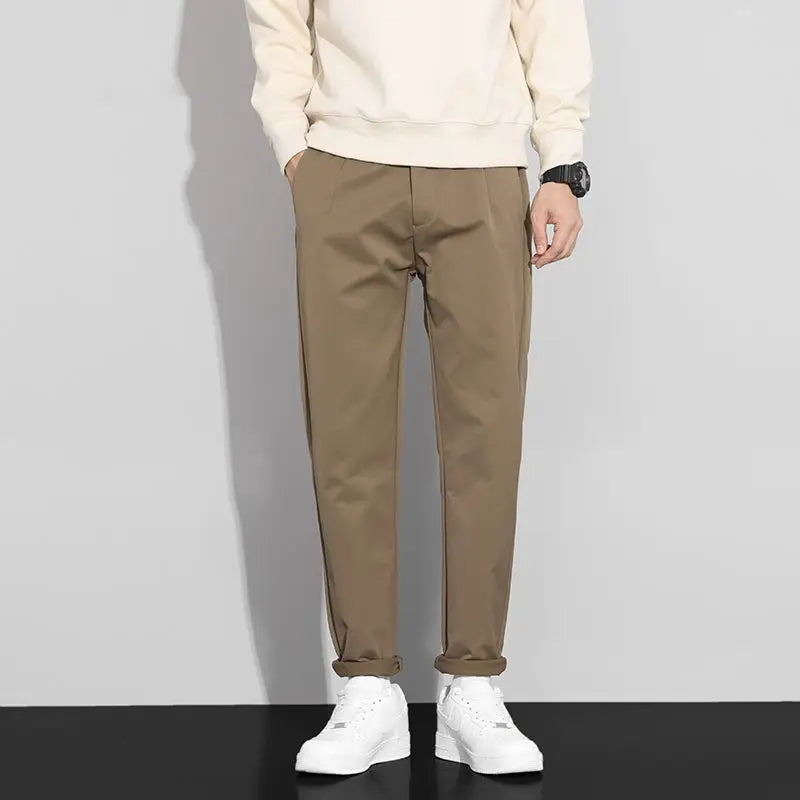 Men's Khaki Casual Trousers Slim Fit Tapered Leg Business Daily Pants