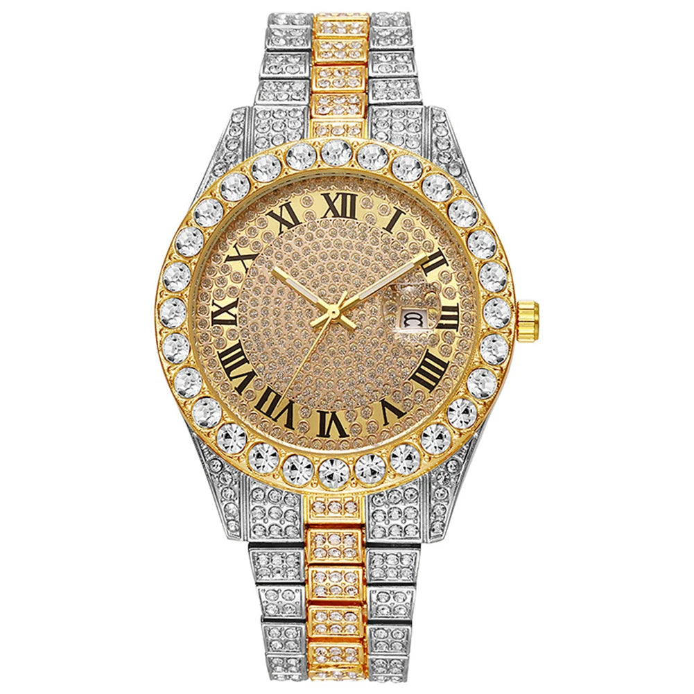 Hip Hop Luxury Men Calendar Watch Stainless Steel Gold Color Iced Out Paved Rhinestones Wristwatch Reloj Hombre
