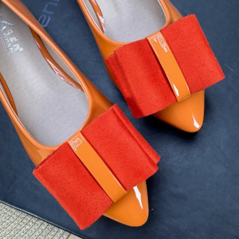 Women Shiny Leather Pointy Tip Slip-On Orange Green Flat Shoes Leathers Low Top Chaussures Bow 34 48 Skinny Shoes For Slim Feet