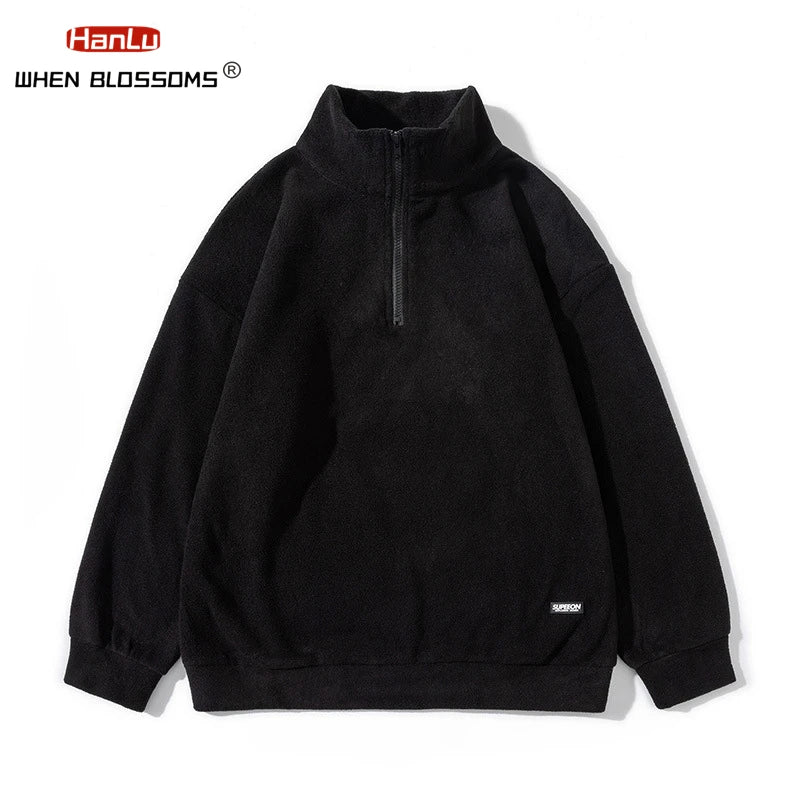 Autumn Winter Fleece Warm Stand Collar Embroidered Half Zip Men's Sweater New WoMen Fashion Streetwear Sweatshirts Casual Coats