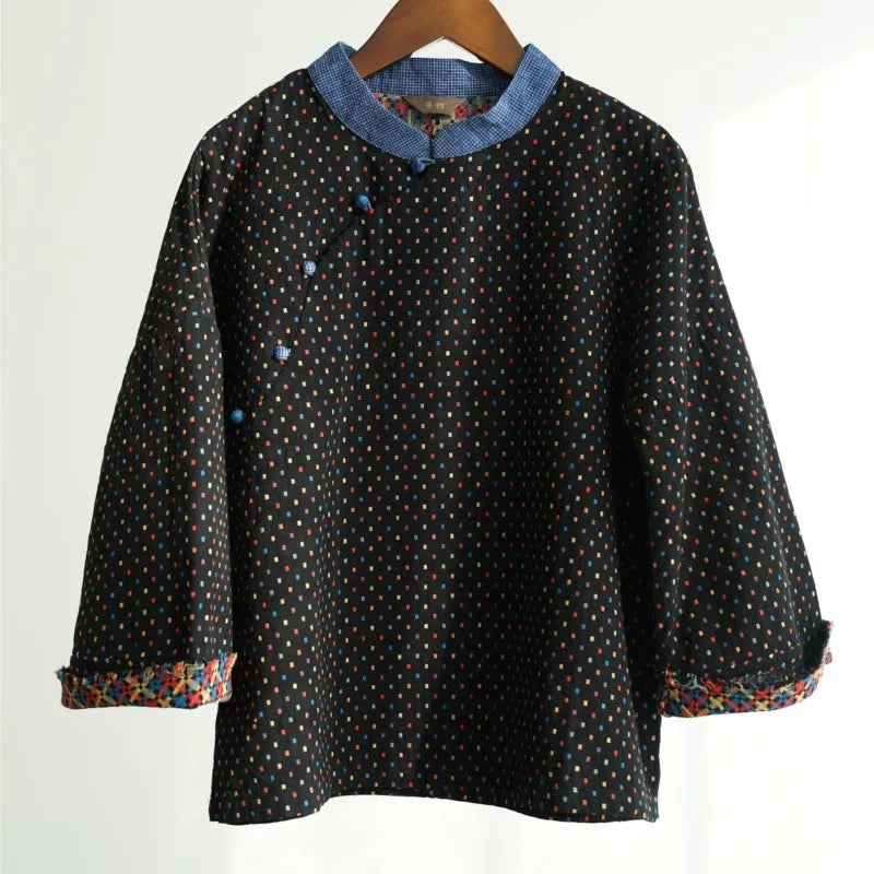 Johnature Women Vintage Cotton Shirts And Tops Polka Dot Stand Chinese Style Blouses 2025 Spring New Seven Sleeve Female Shirts