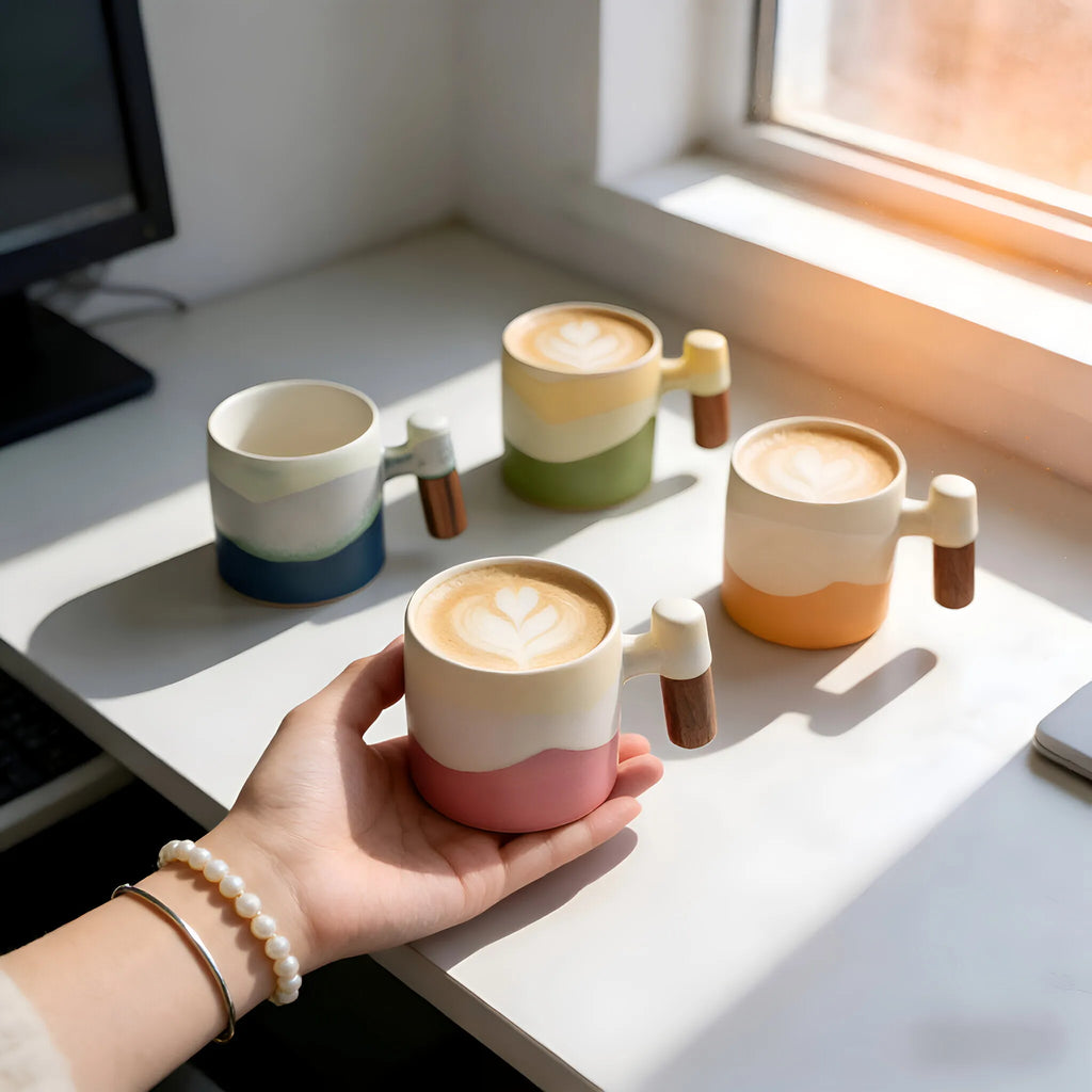 70ml Ceramic Coffee Cup with Wooden Handle - Vintage Kiln-Fired Style, Reusable, Hand Wash Only, Suitable for Office and Home Use, Perfect Birthday Gift, Coffee Bar Accessory, Espresso Cup, Coffee Mug
