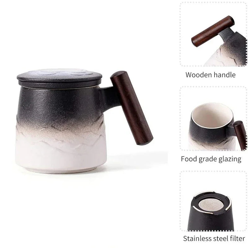 Creative Tea Cups and Mugs Ceramic Mug Thermal Coffee Cup Vintage Beer Water Cup Infuser Lid Wooden Handle Personalized Gifts