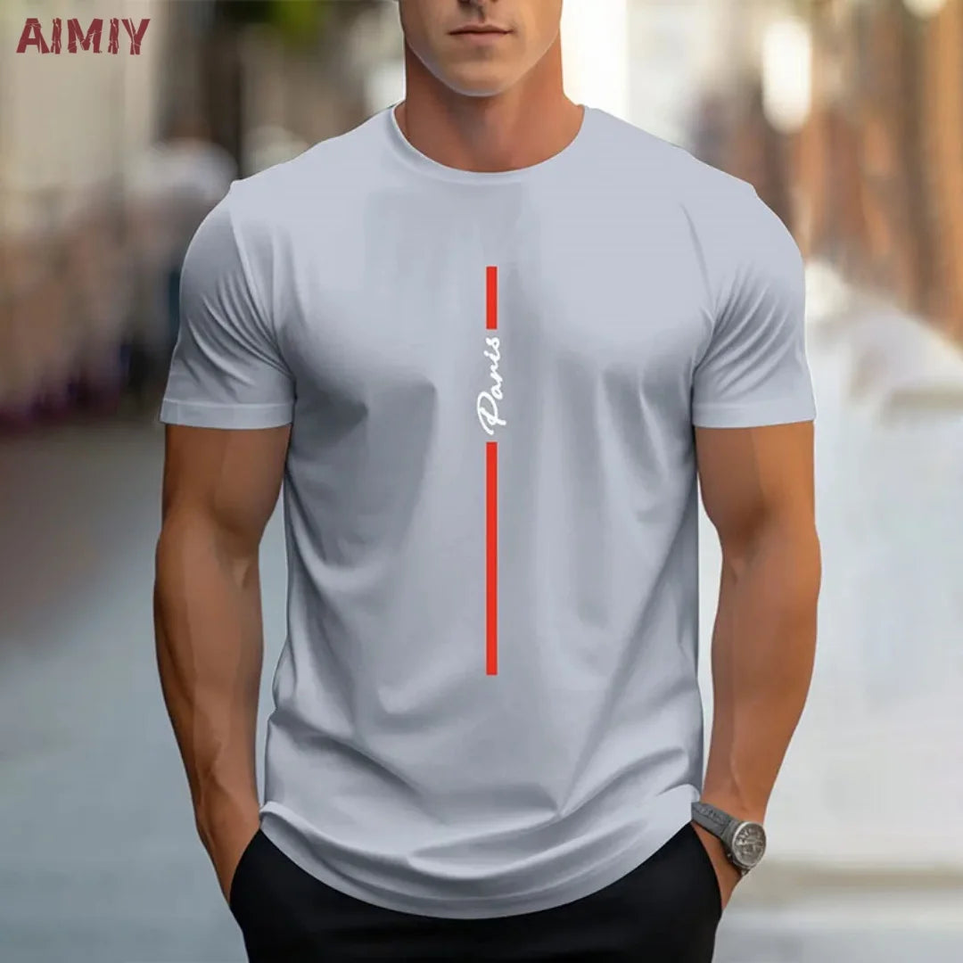 Summer Men's T-shirt Top Casual Loose Fit Oversized T-shirt PARI Letter Pattern Printed Round Neck Short Sleeved Homme Vêtement - Free Item.