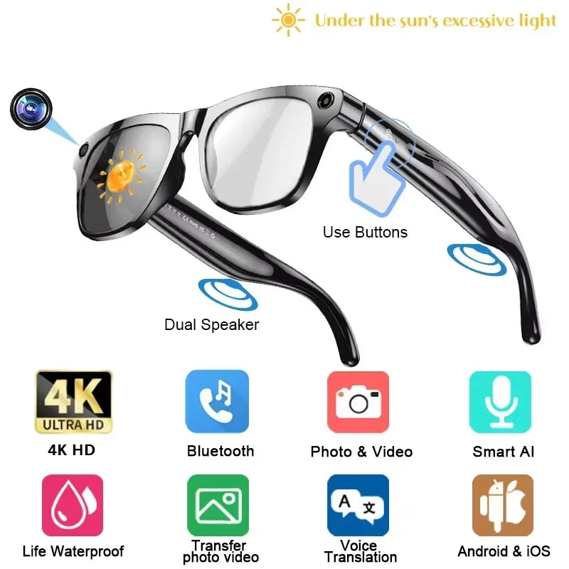4K HD Upgrade Smart Glasses With Camera Video Recording AI Photo Recognition Bluetooth Call Translation Voice Sunglasses Men