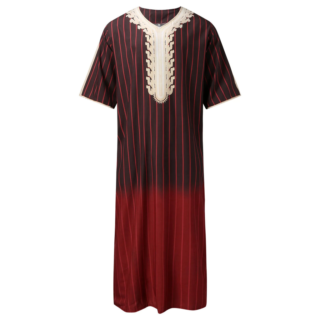 Kaftan Summer Middle Eastern Men's Arab Robe Loose V-neck Short Sleeved Printed Men's Muslim Clothing Islamic Clothing Kaftan