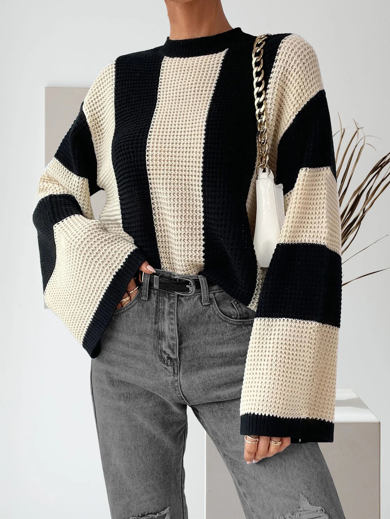 Women's Colorblock Drop Shoulder Knit Top, Casual Long Sleeve Round Neck Knitwear for Spring and Fall, Women's Knit Clothing