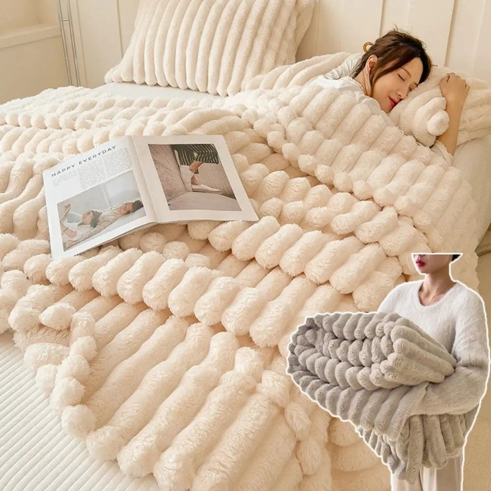 Ultra Soft Faux Rabbit Fur Throw Blanket Warm Plush Striped Blankets Conditioning Quilt Fluffy Throws for Couch Chair Sofa - Free Items Weekend (50% off)