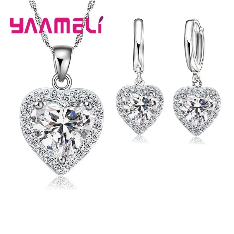 Nice Birthday Valentine's Gift for Women Ladies Fine 925 Sterling Silver Clear Cubic Zircon Excellent Cut Heart Jewelry Sets