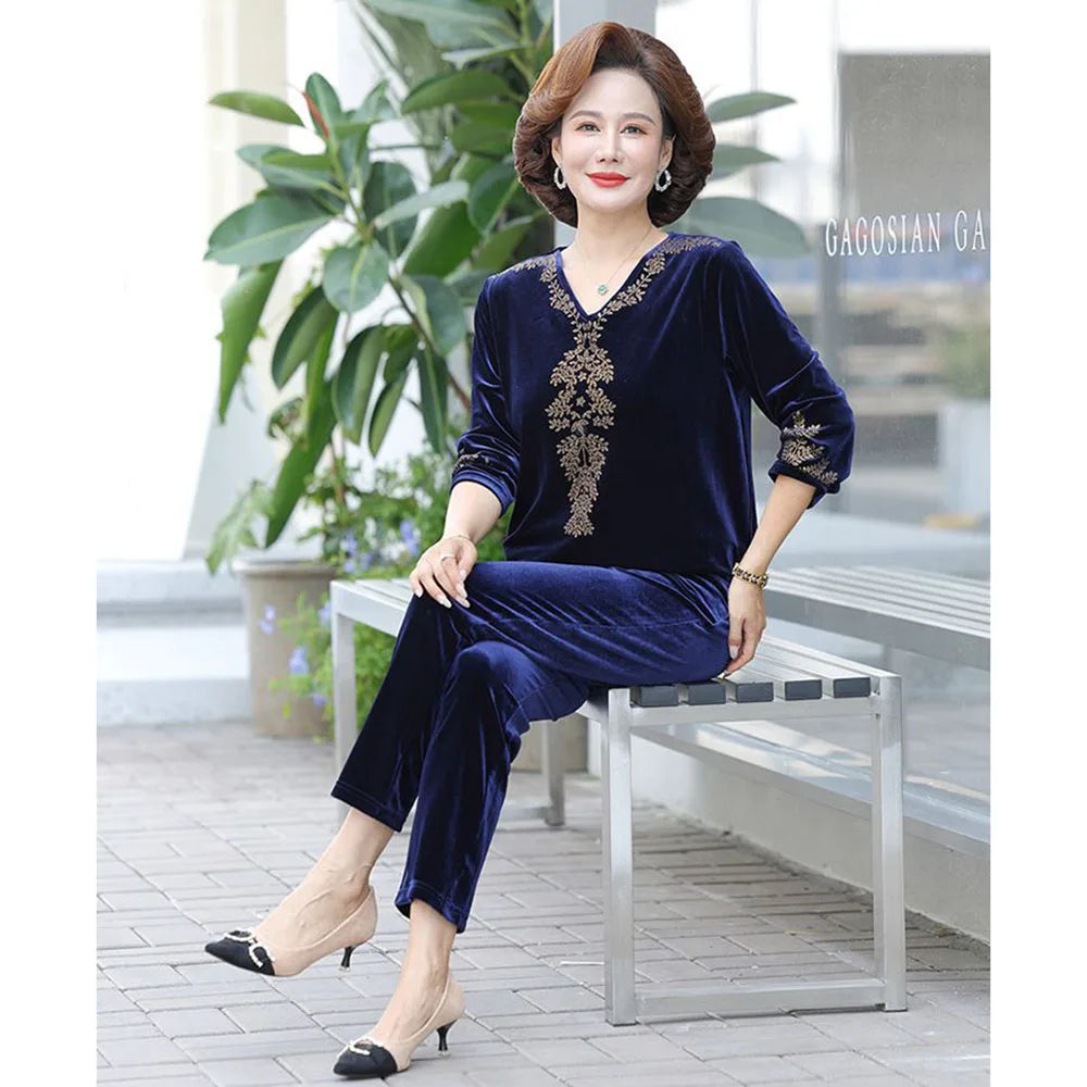 6XL 7XL Mom's Gold Velvet Sets Spring Autumn Large Size V-nevk  Hot Diamond Tops Pants 2 Piece Suit Elderly Women Velvet Outfit
