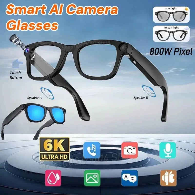 AI Smart Camera Glasses 6K HD 800W pixel Shooting Camera Photo Video Voice Call Translation Waterproof Bluetooth AI Glasses