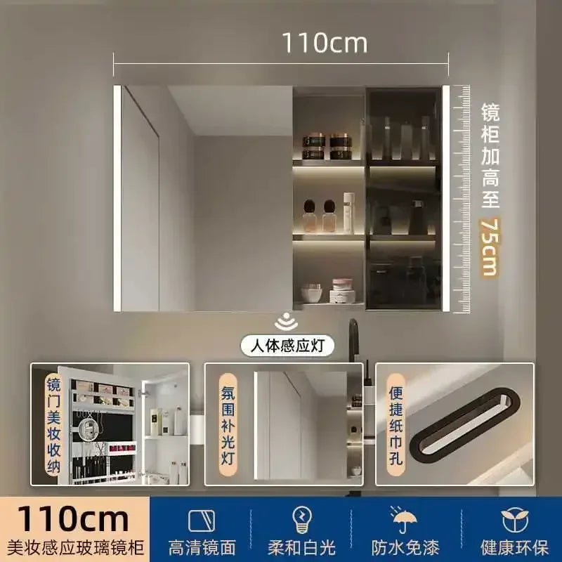 Smart Bathroom Cabinets Makeup Mirror Storage Cabinet LED Light Wall Mirror Cabinet with Time Digital Display Bathroom Furniture