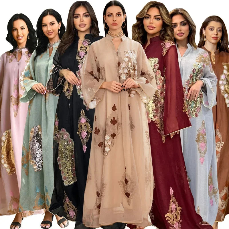 Kaftan Muslim Abaya Clothes for Muslim Women Summer Fashion Muslim Women Long Sleeve V-neck Sequin Long Maxi Dress Dubai Abaya