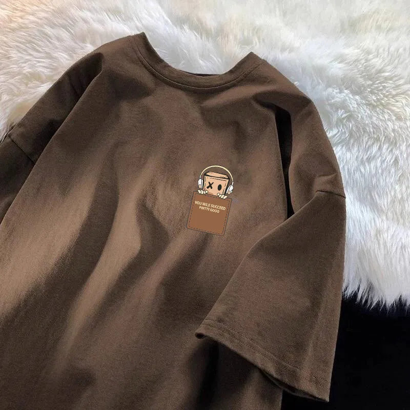 American Style Vintage Fashion Simple Design Print Cotton Men T Shirt Oversized Sports Short Sleeve Round Neck Couple Unisex Top